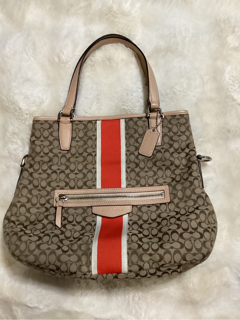Coach Beige Signature Canvas Shoulder Tote with Orange Stripe